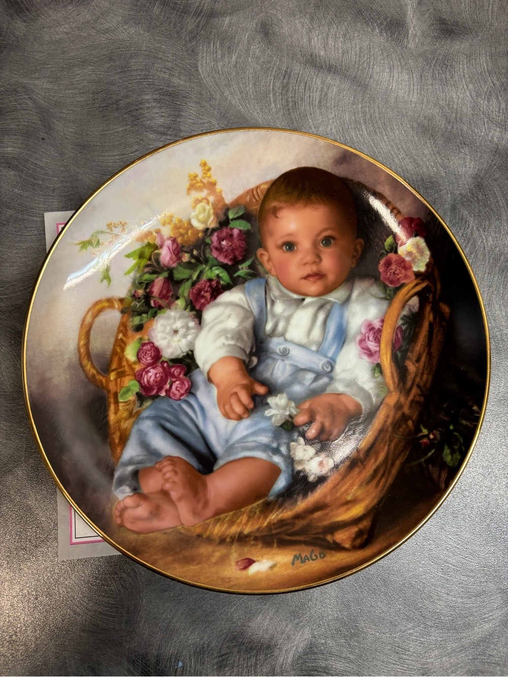 Decorative Porcelain Baby in Basket Collector Plate - Blue & Floral